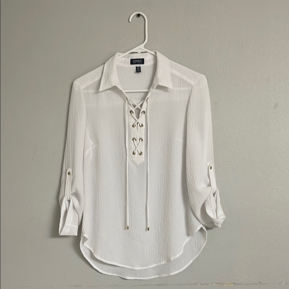 Jones New York White 3/4 Sleeve Tie Front Blouse